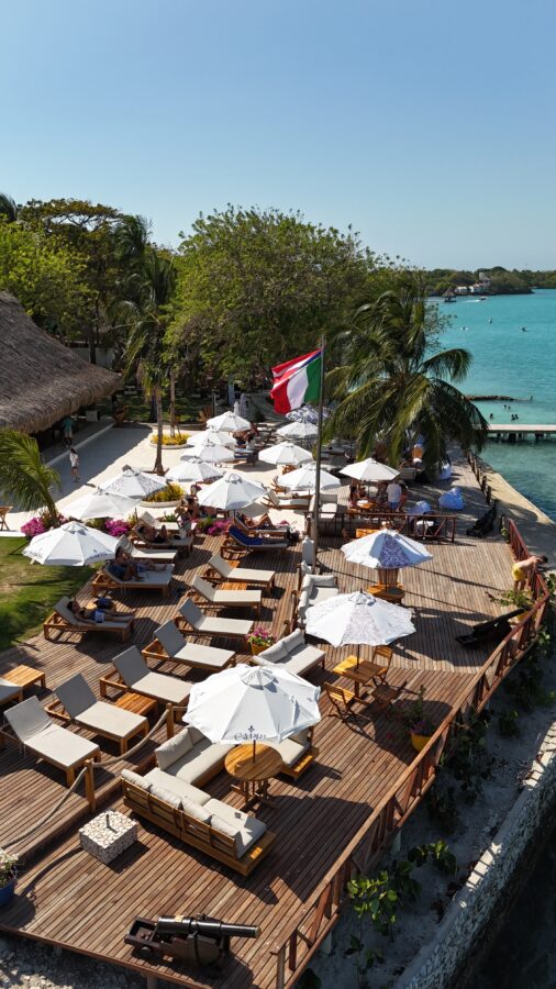 Aerial view of beach umbrellas and loungers at Capri Beach Club