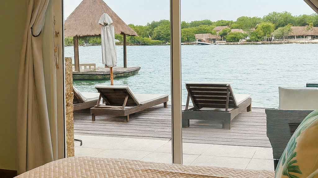 Terrace with lounge chairs overlooking the sea at Fragata Island House