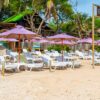 Beach zone with sun loungers and purple umbrellas at Luxury Beach Club