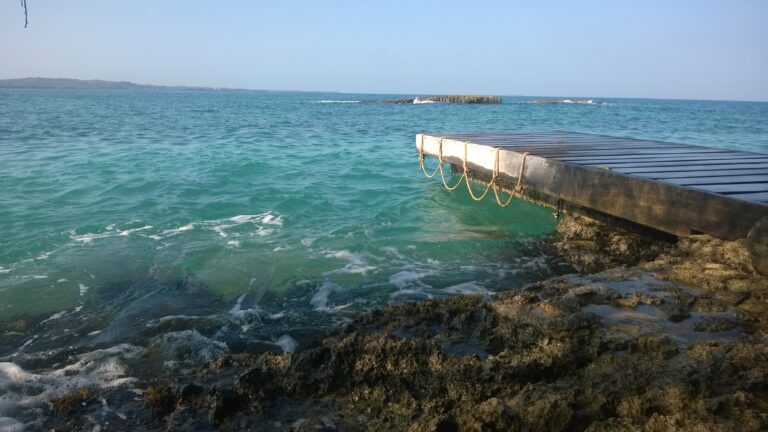 Clear coral water and a wooden pier in the Corales del Rosario National Park