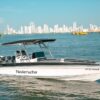 28 ft Nederucho private boat with T-top and twin outboard engines in Cartagena Bay, city skyline behind