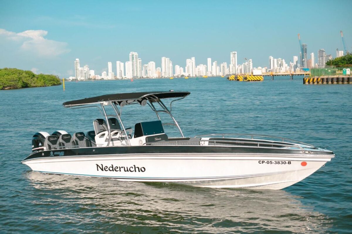 28 ft Nederucho private boat with T-top and twin outboard engines in Cartagena Bay, city skyline behind