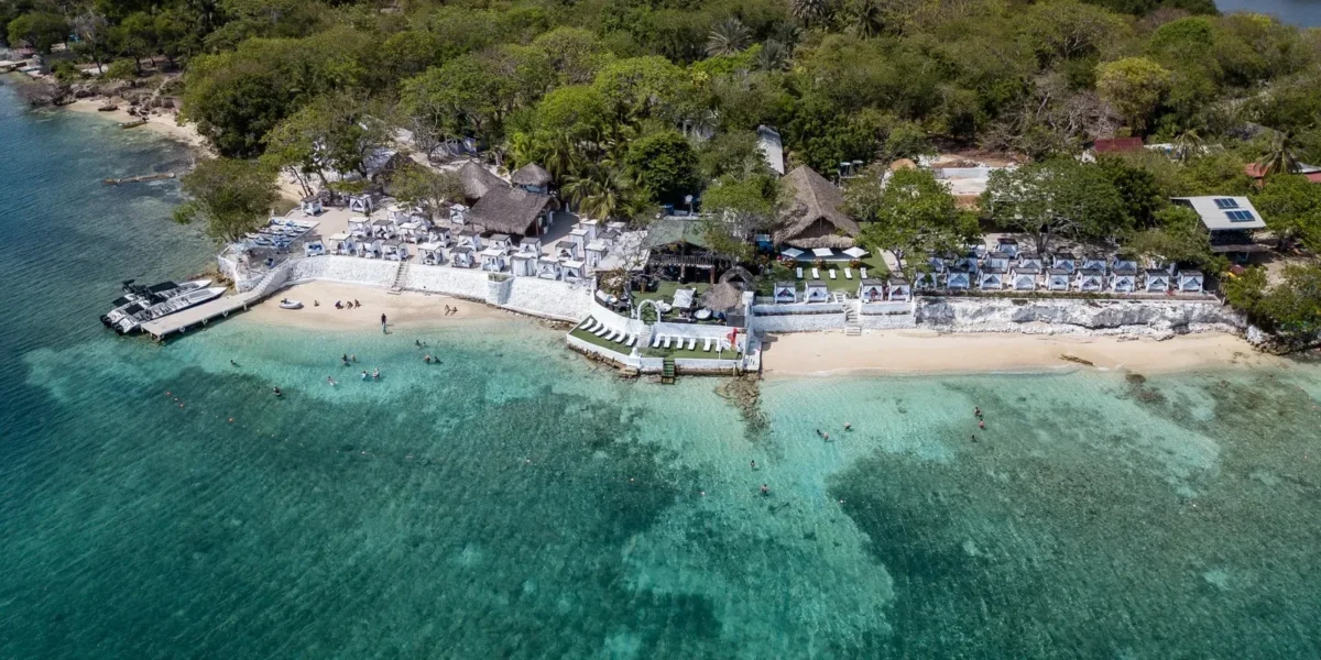 Aerial view of Bora Bora Beach Club in the Rosario Islands