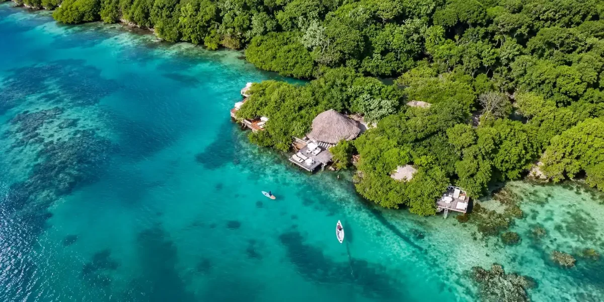 Aerial view of Coralina Island in the Rosario Islands, Cartagena