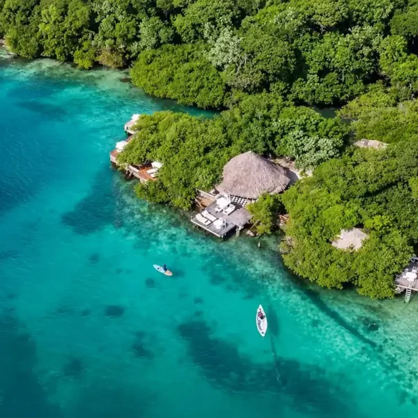 Aerial view of Coralina Island in the Rosario Islands, Cartagena