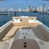 Bow seating of the Altamare boat with the Cartagena skyline
