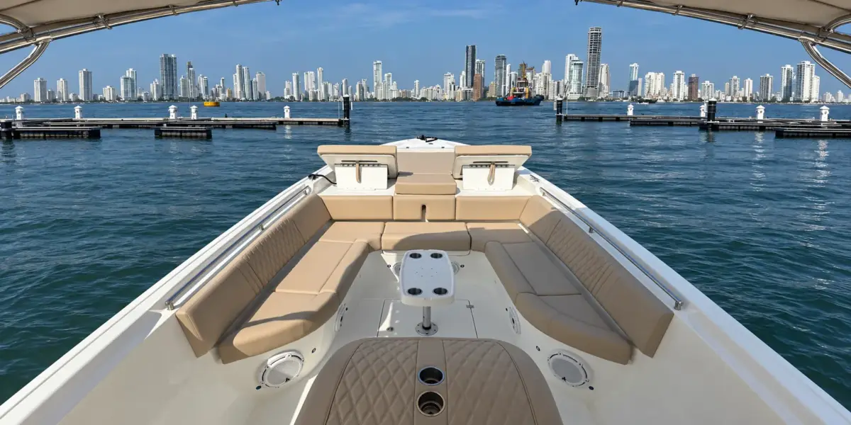 Bow seating of the Altamare boat with the Cartagena skyline
