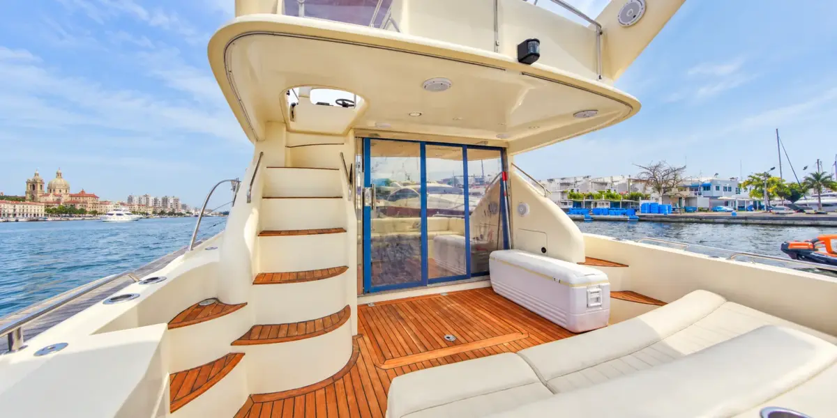 Aft deck of the Bellajava yacht with the old city of Cartagena in the background