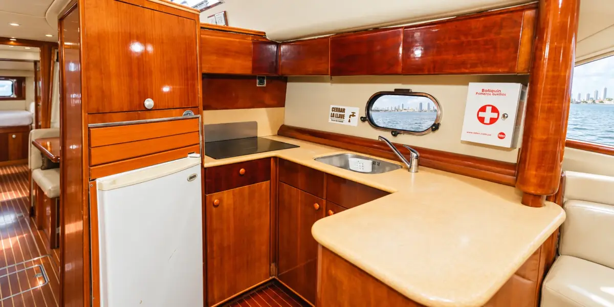 Galley with fridge, stove and sink on the Bellajava yacht