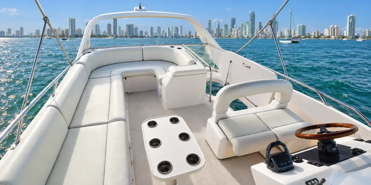 Flybridge with helm and sun lounge on the Bellajava yacht, Cartagena skyline behind