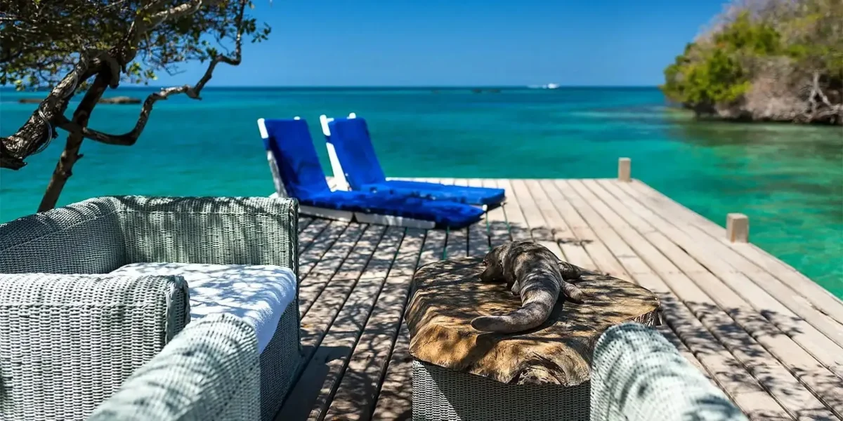 Blue sun loungers on the dock at Coralina Island