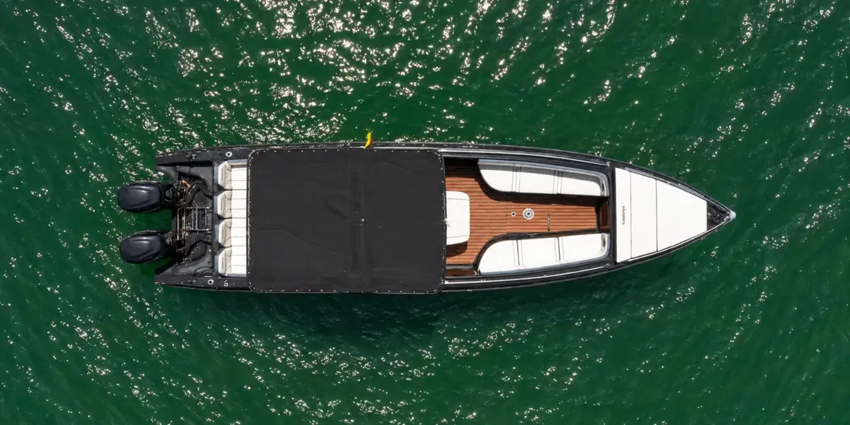 Aerial view of the Catalunya private boat with twin Suzuki engines