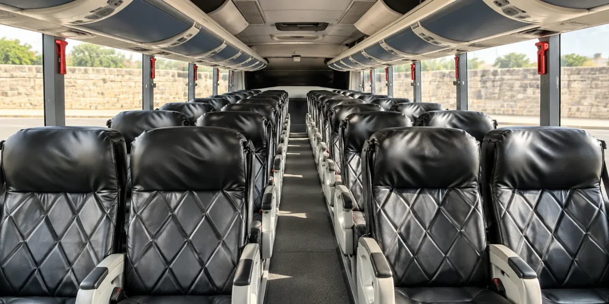 Interior do ônibus de 38 pessoas com poltronas reclináveis de couro