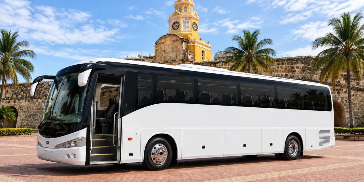 Vista lateral do ônibus de 38 pessoas com a porta aberta em Cartagena