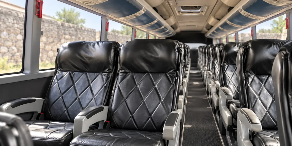 Poltronas reclináveis de couro dentro do ônibus de turismo para traslados em Cartagena