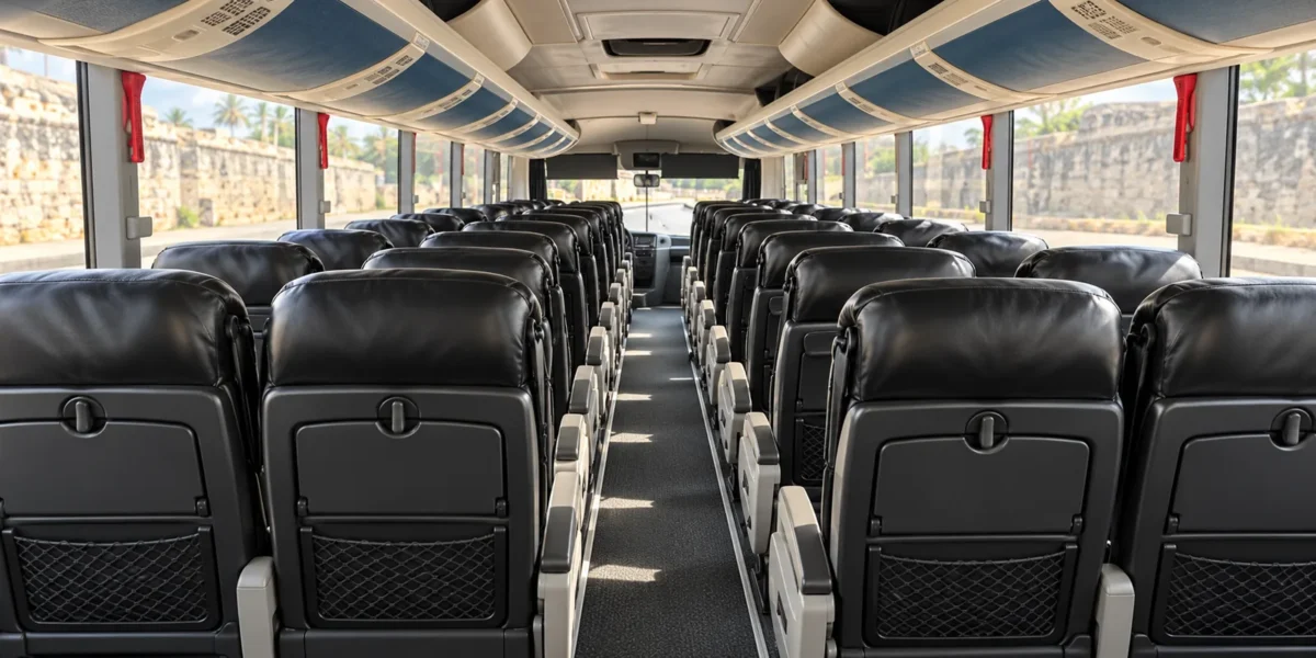Corredor, fileiras de poltronas e ar-condicionado dentro do ônibus de traslados