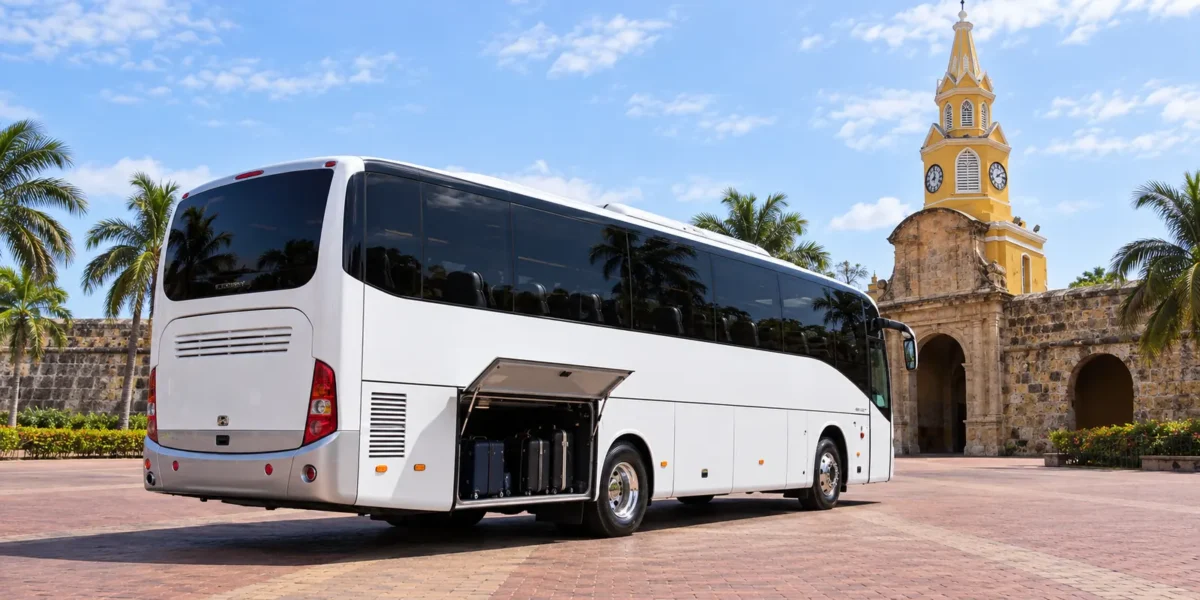 Bagageiro aberto do ônibus de turismo para traslados de grupos em Cartagena