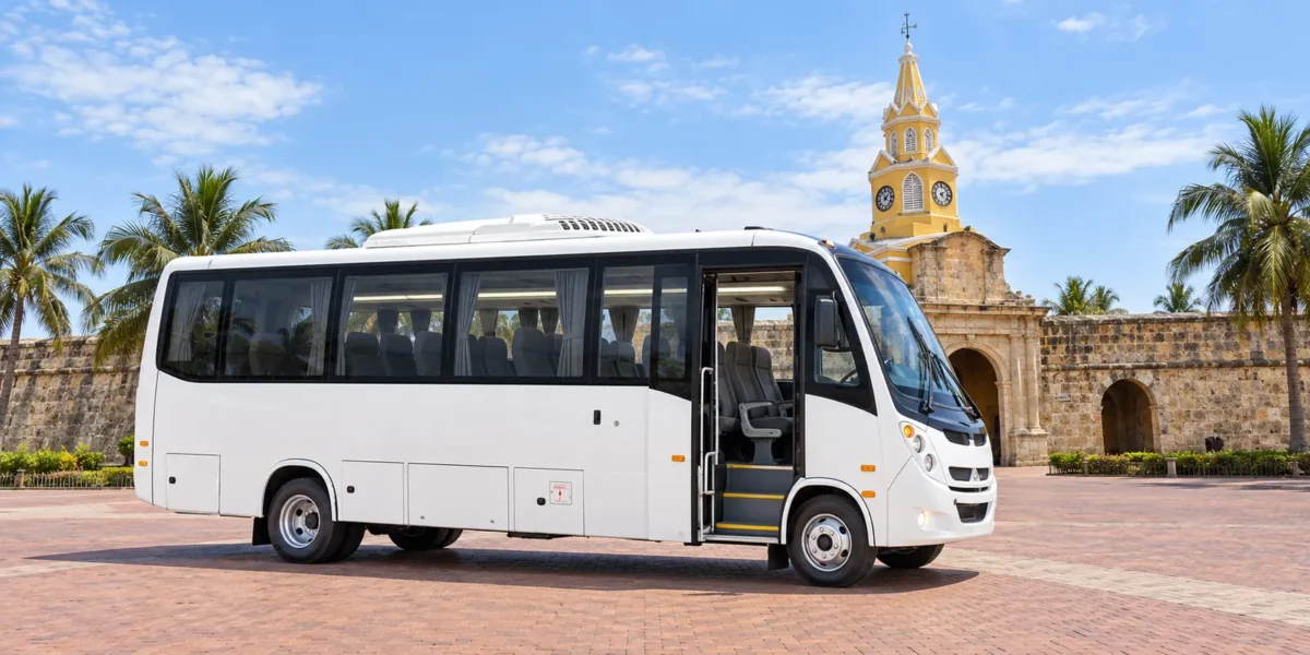 Ônibus Coaster para traslados privativos de grupos de até 24 pessoas na Torre do Relógio de Cartagena