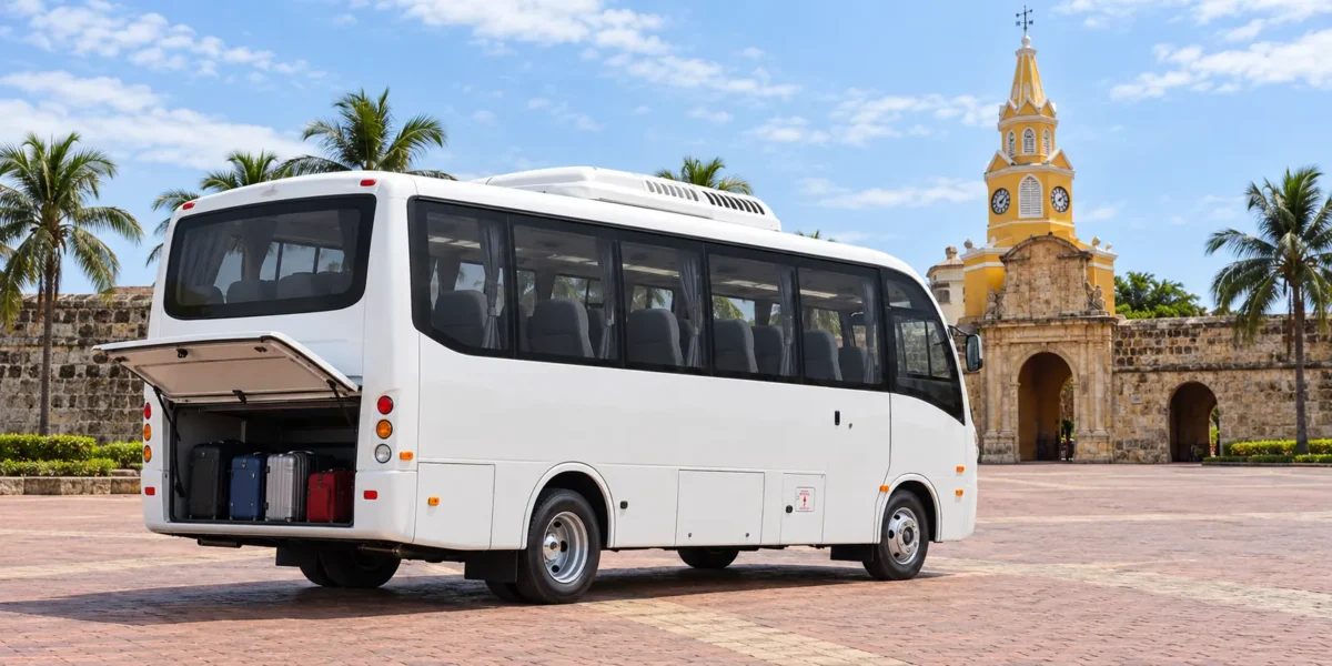 Bagageiro traseiro aberto do ônibus Coaster de traslados em Cartagena
