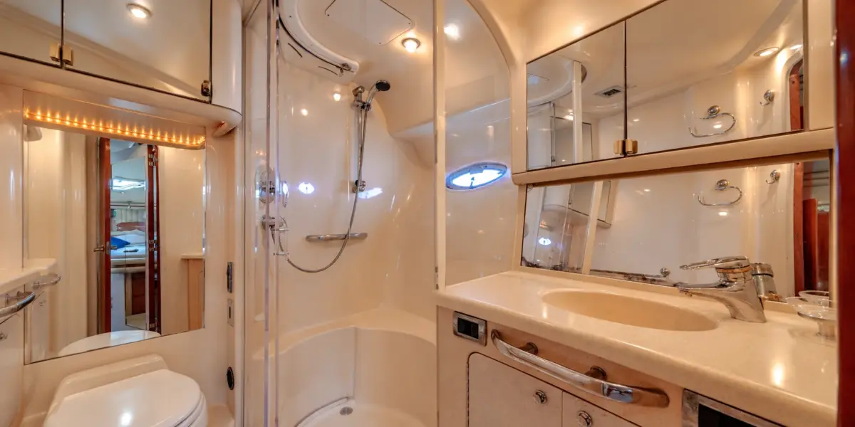 Bathroom with shower on the Cork Trick yacht