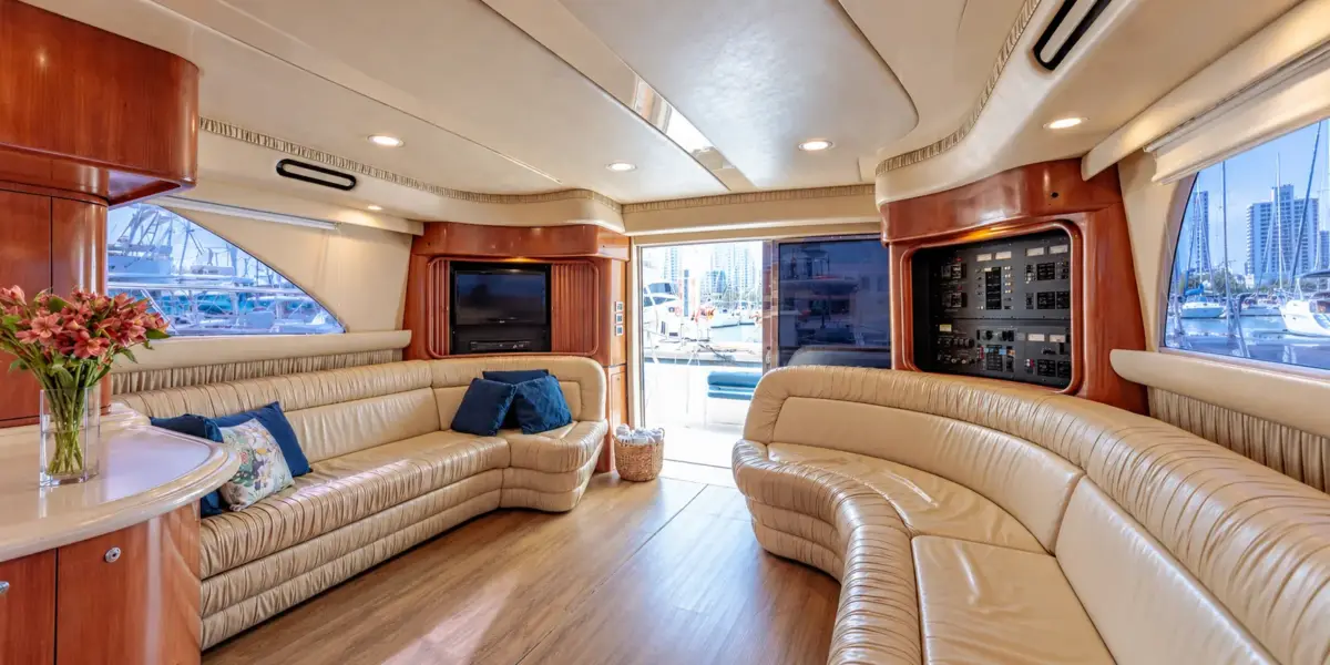 Lounge with leather sofas on the Cork Trick yacht