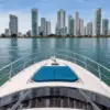 Bow sunbed of the Cork Trick yacht facing the Bocagrande skyline