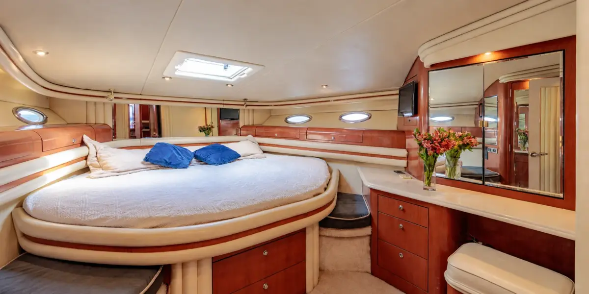 Master cabin with double bed on the Cork Trick yacht