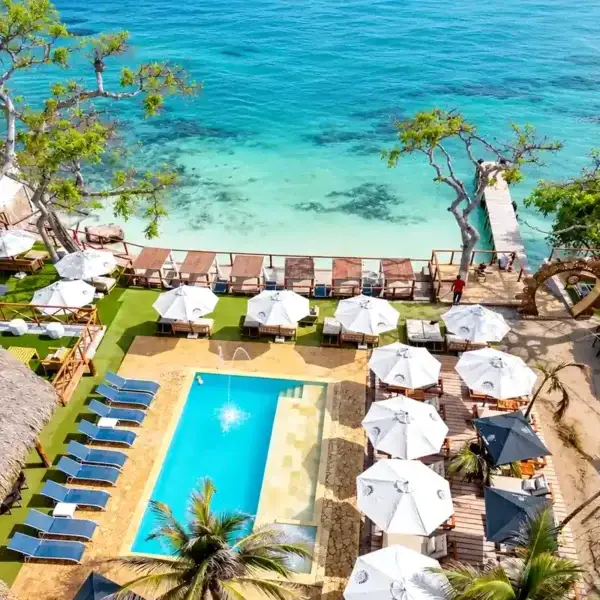 Aerial view of Ibbiza Island Beach Club in the Rosario Islands, Cartagena