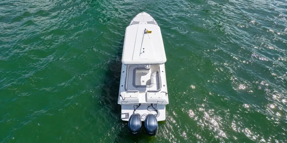Aerial view of the stern and twin Yamaha engines of the Interceptor boat