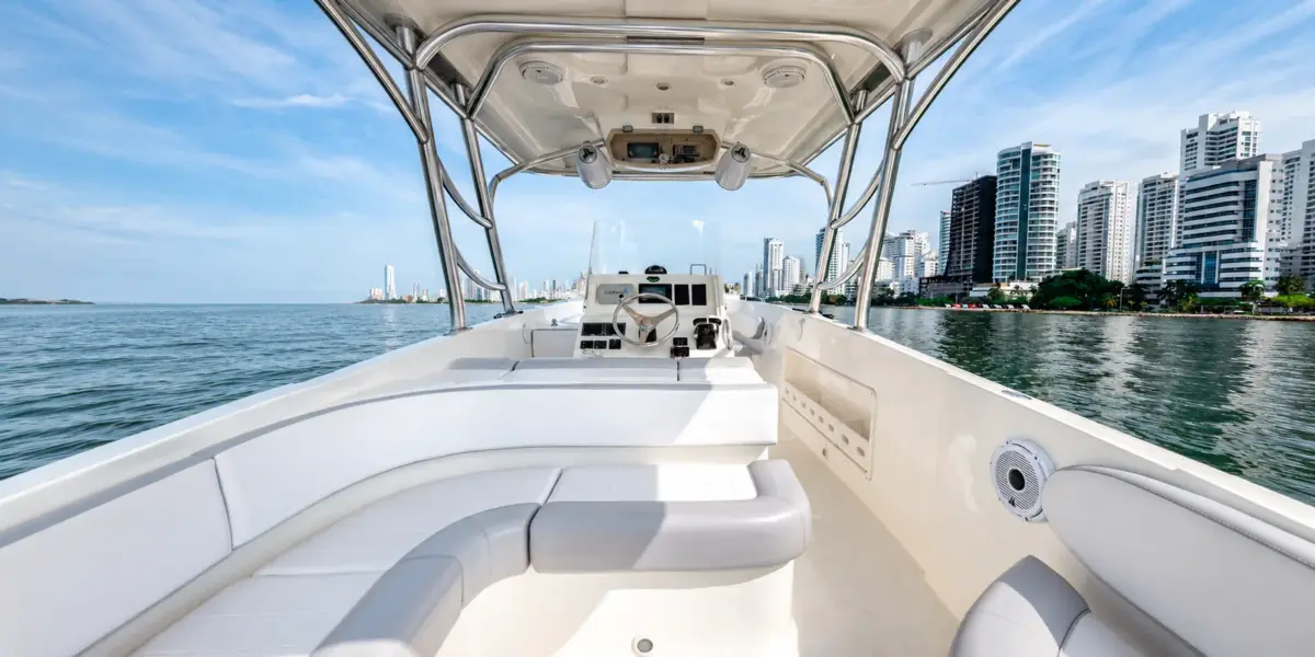 Center console and hardtop of the Interceptor boat with the Cartagena skyline