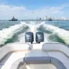 Twin 300 HP Yamaha engines of the Interceptor cruising toward the Rosario Islands