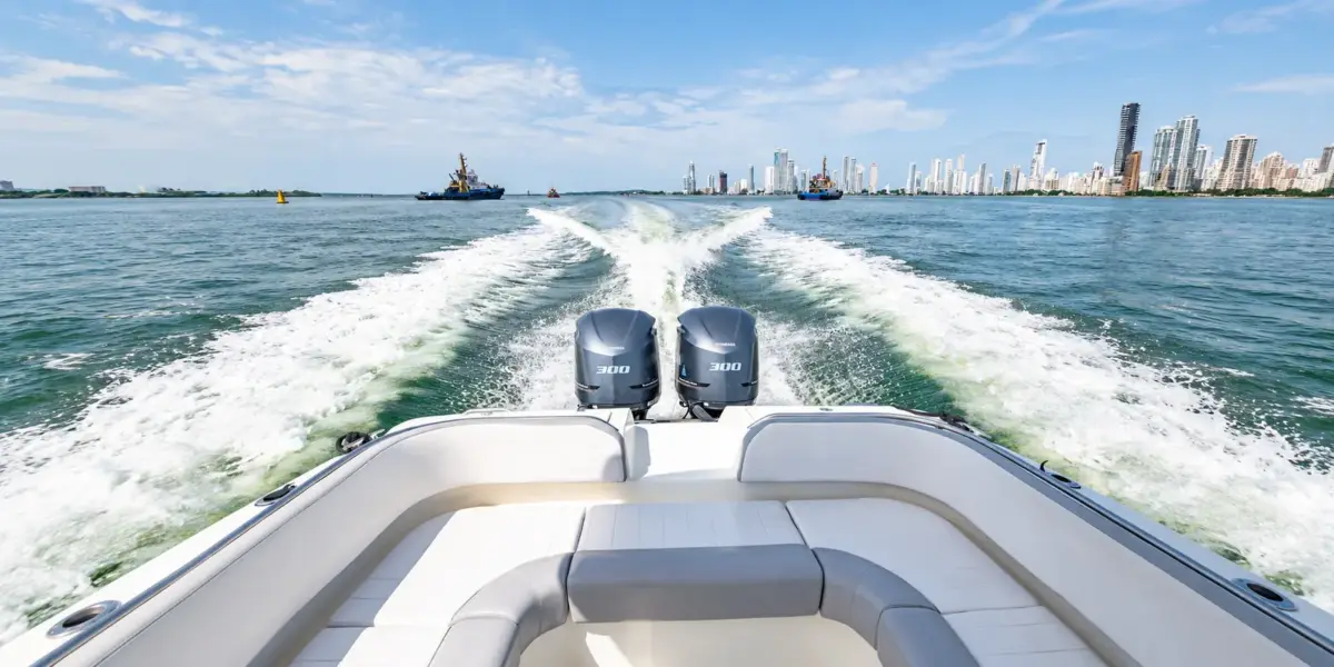 Twin 300 HP Yamaha engines of the Interceptor cruising toward the Rosario Islands