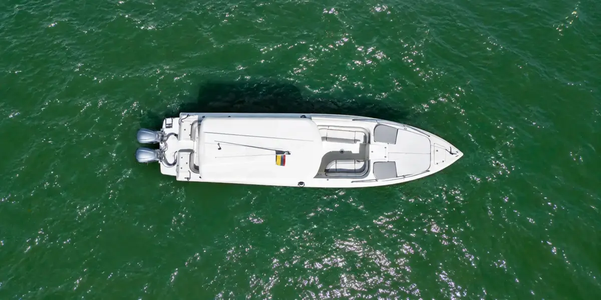 Aerial top view of the 38 ft Interceptor boat