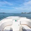 Bow seating of the Interceptor boat facing the Bocagrande skyline