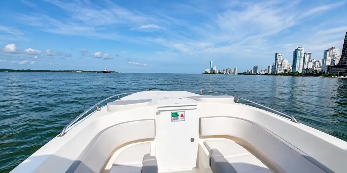 Bow seating of the Interceptor boat facing the Bocagrande skyline