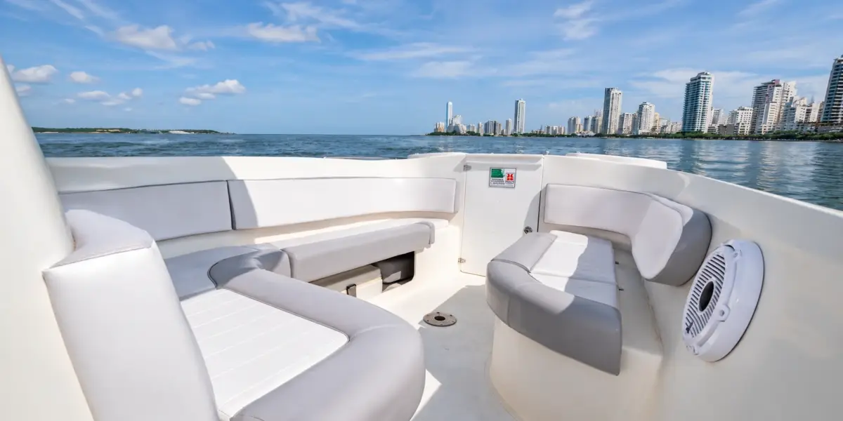 Bow lounge and sound system speaker on the Interceptor private boat