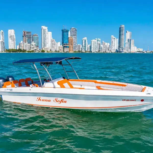 Ivana Sofía 29 ft private boat on the bay with the Bocagrande skyline, Cartagena