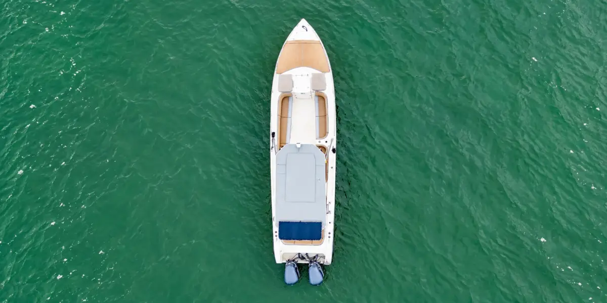 Aerial top view of the La Leona 42 ft boat