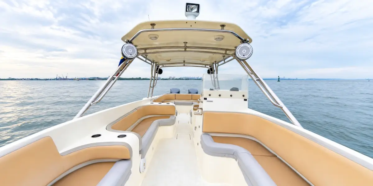 Hardtop with speakers and deck seating on the La Leona boat