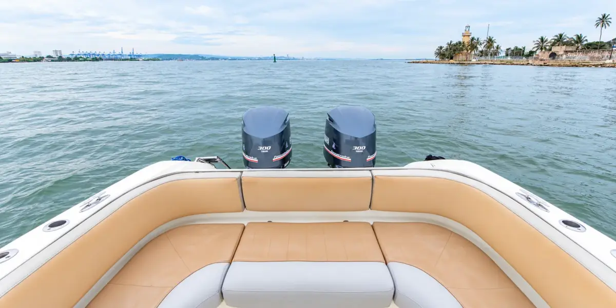 Stern lounge and twin Yamaha engines of the La Leona boat