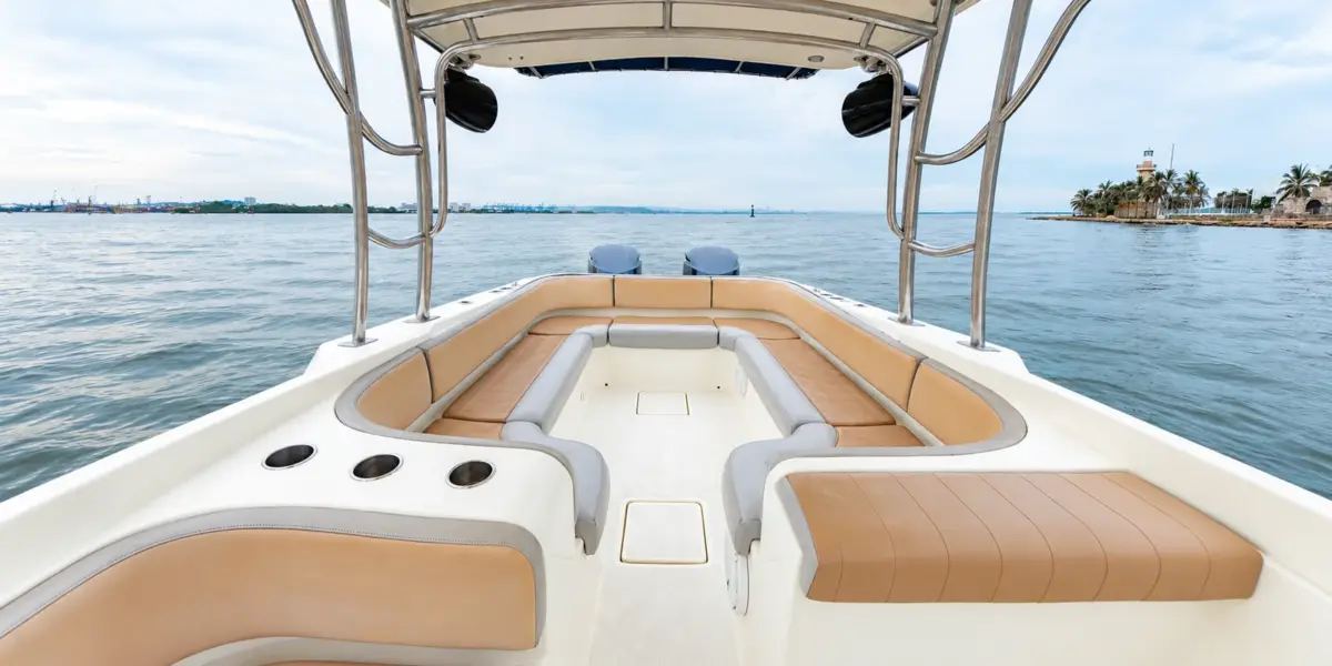 Padded bow lounge on the La Leona private boat