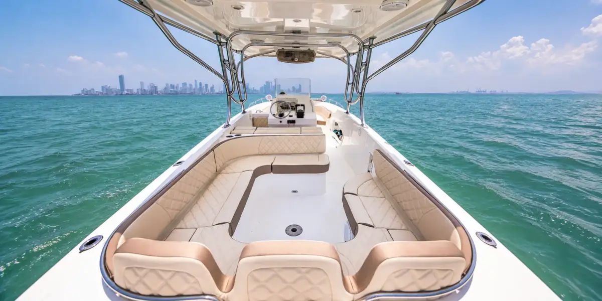 Padded bow lounge of the Makani boat on the way to the islands