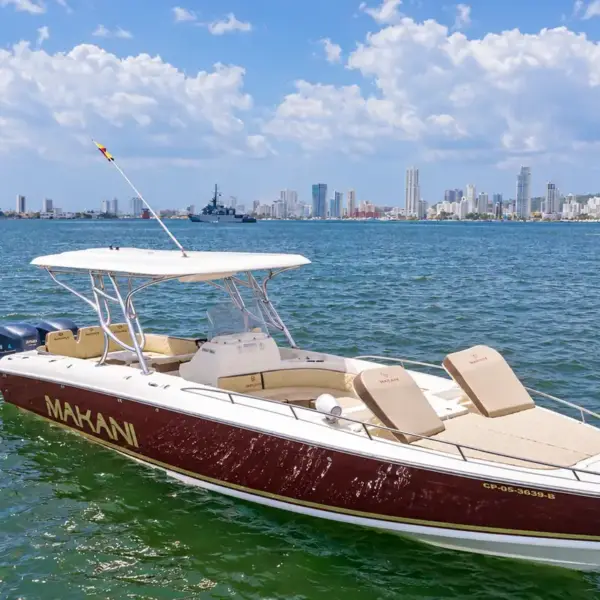Makani 38 ft private boat with reclining sunbeds and the Cartagena skyline