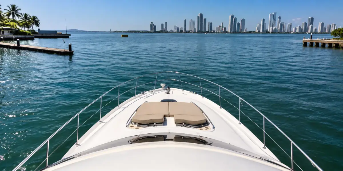Bow sunbeds on the Mama's yacht facing the Bocagrande skyline
