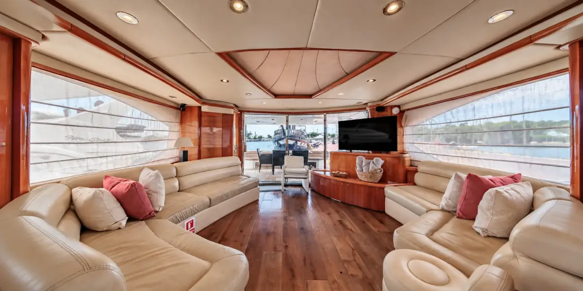 Salon with cream sofas on the Martlet yacht