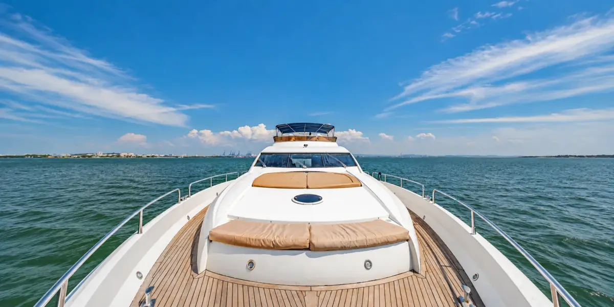 Teak bow with sunbeds on the Martlet yacht