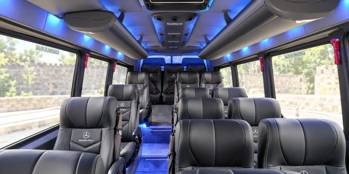 Leather seats inside the 16-guest Mercedes Sprinter in Cartagena