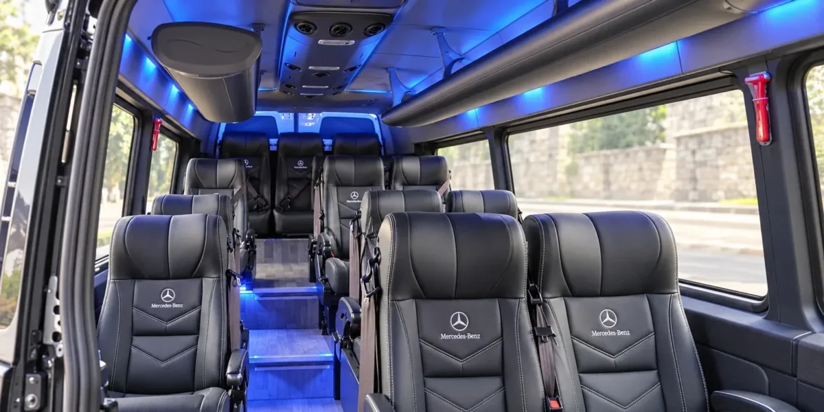 Entrance and seats of the Mercedes Sprinter transfer van
