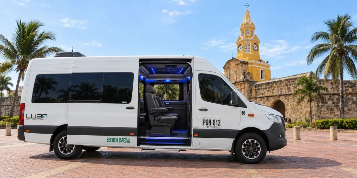 Mercedes Sprinter van with side door open at the Cartagena Clock Tower