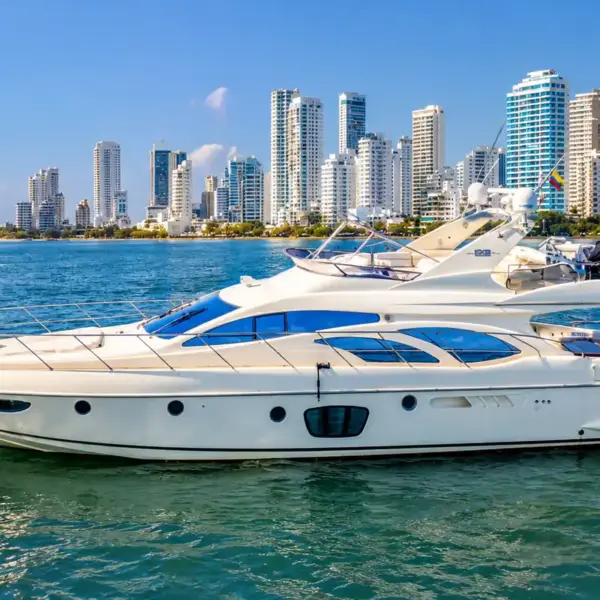 My Toy 62 ft flybridge yacht cruising in front of Bocagrande, Cartagena